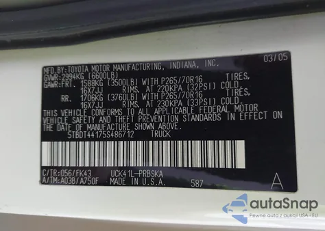 2005 Toyota Tundra Sr5 V8 из США, поврежденный, VIN 5TBDT44175S486712